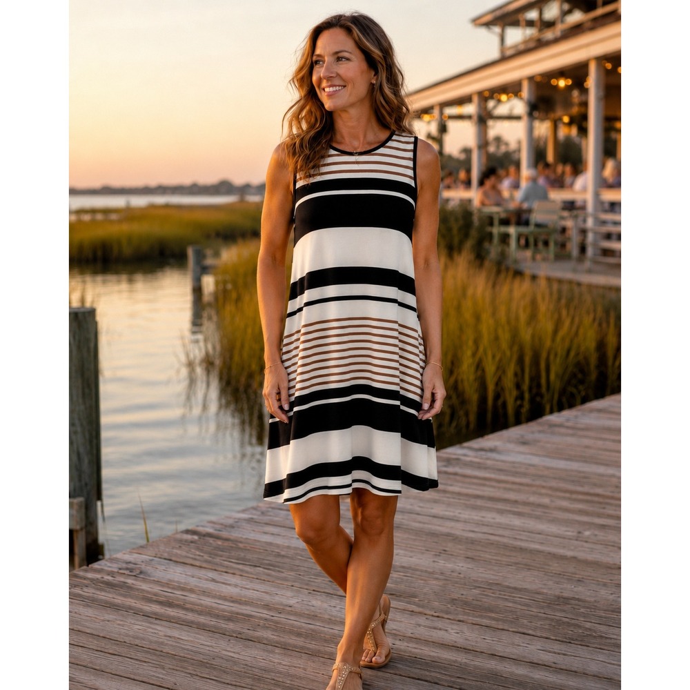 LOFT Womens Small Striped‎ Sleeveless Shift Dress Black White Brown Bow Back Tie